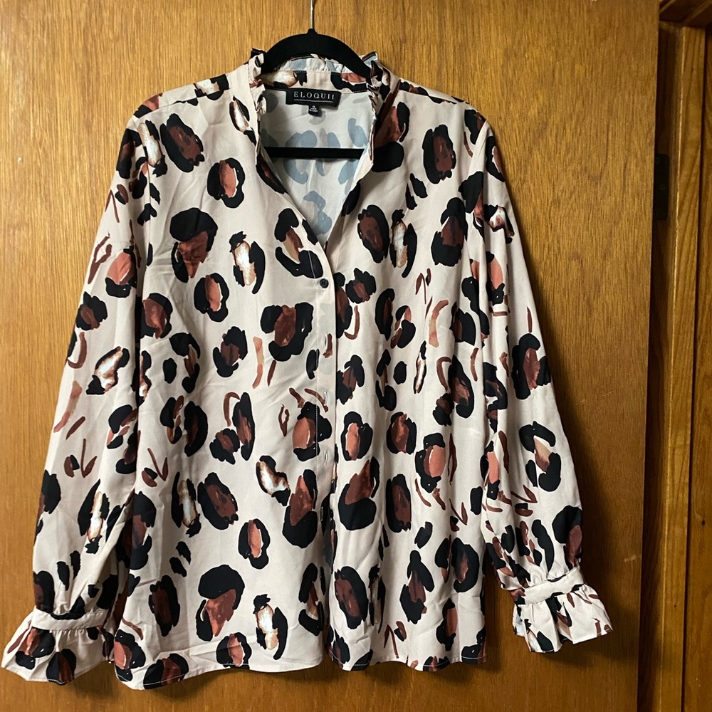Eloquii Leopard Blouse with Ruffle sleeve and neck accent